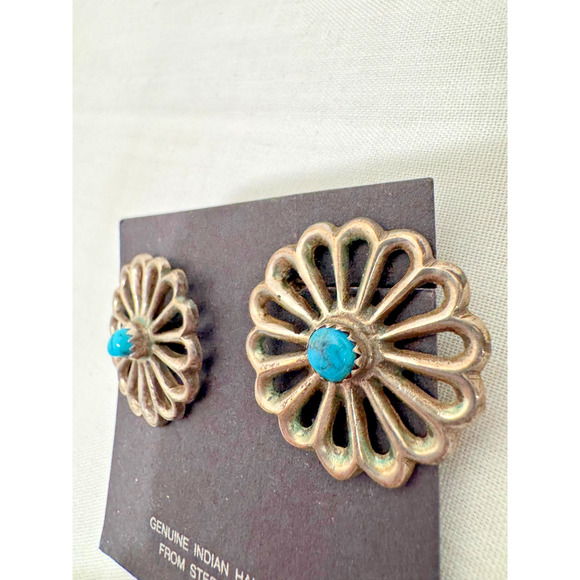 Native American Flower Turquoise Sand Cast Sterling Silver Stud Earrings 12 gr - Picture 7 of 7